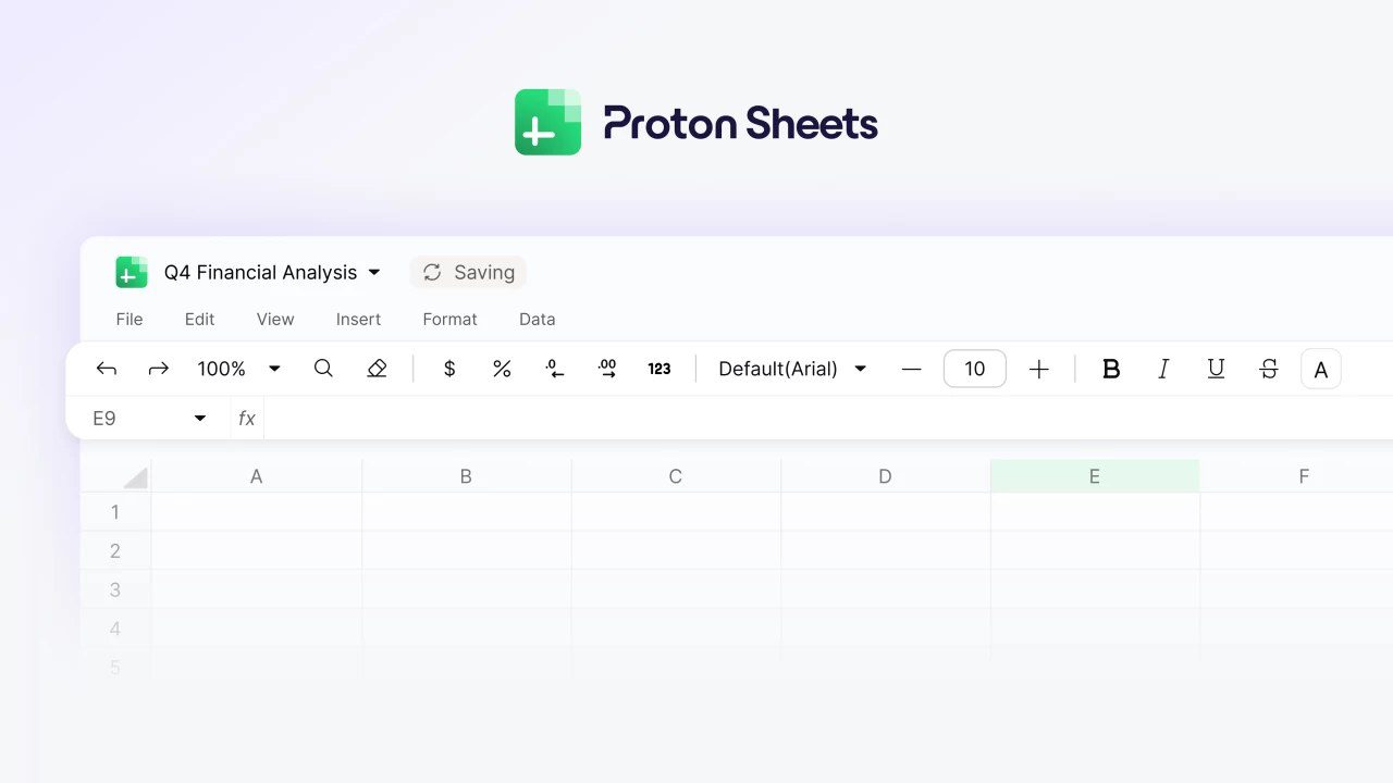 تصویر رابط کاربری Proton Sheets با یک جدول خالی و نوار ابزار در حال نمایش.