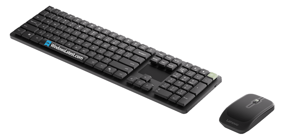 نمای پرسپکتیو از یک کیبورد کامل و ماوس بی‌سیم لنوو با طراحی مدرن.