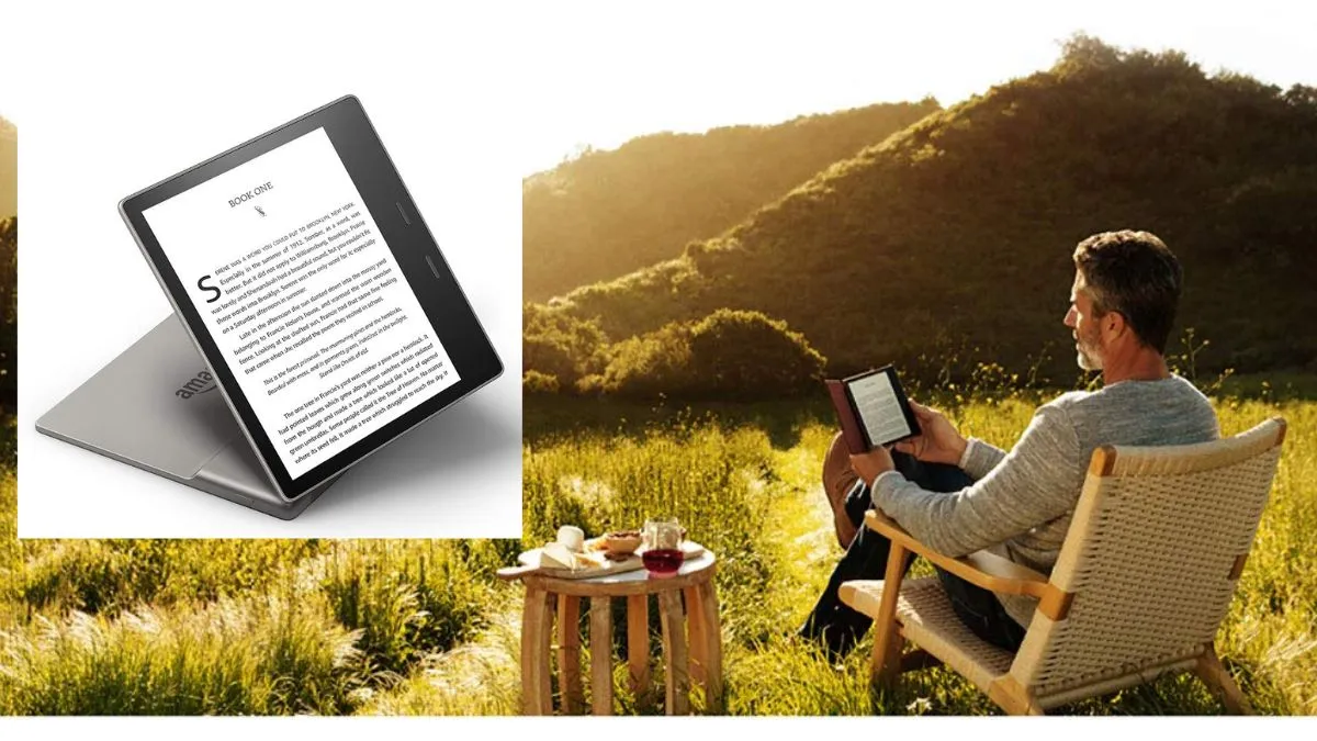 تصویر دوگانه شامل دستگاه کتابخوان کیندل و مردی که در طبیعت در حال مطالعه است.