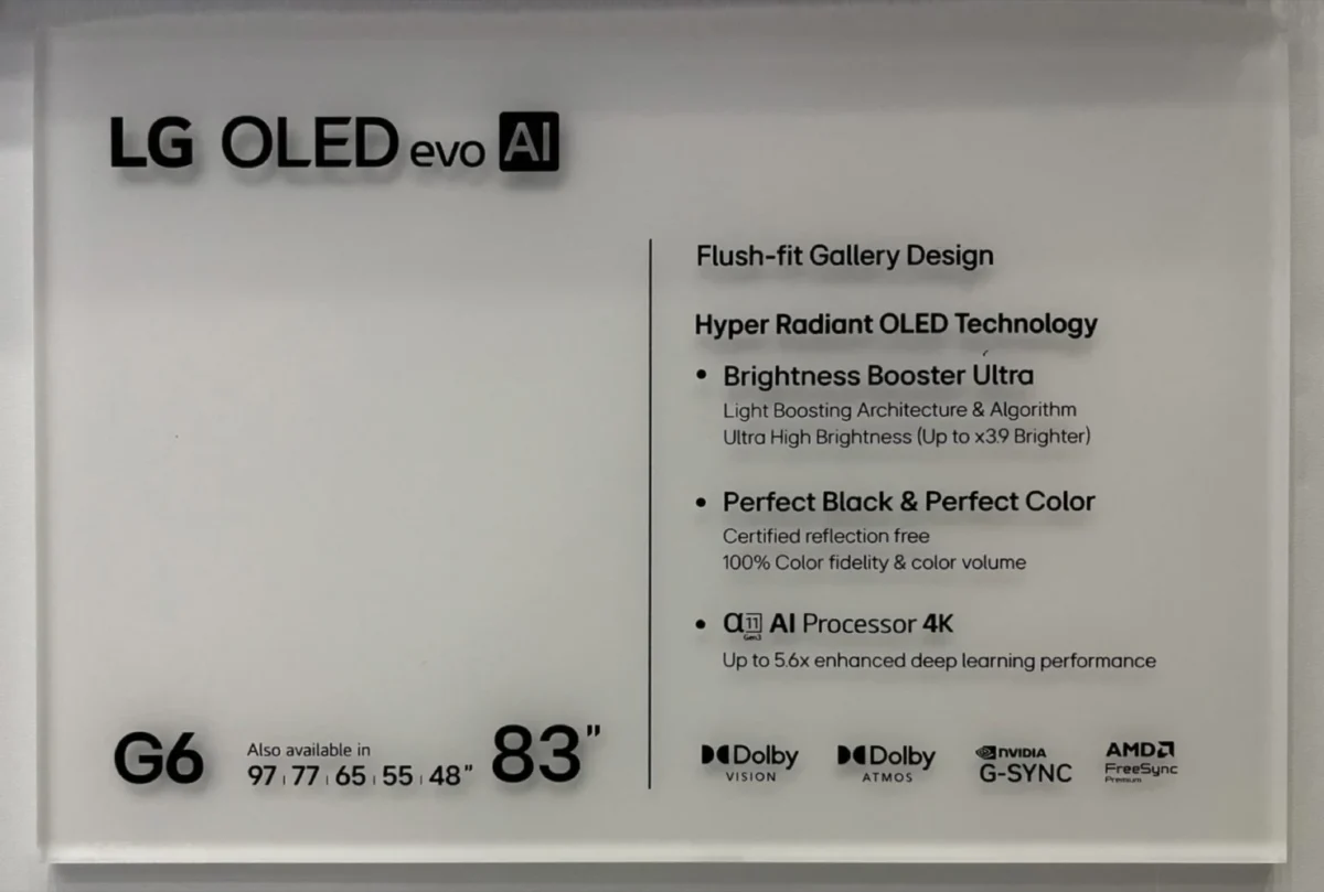 اسلاید معرفی تلویزیون LG OLED evo AI سری G6 با طراحی Flush‑fit Gallery Design، فناوری Hyper Radiant OLED، Brightness Booster Ultra، پردازنده α11 AI Processor 4K و پشتیبانی از Dolby Vision و NVIDIA G‑SYNC