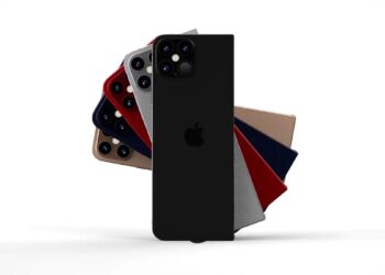 تصویر مفهومی از آیفون تاشو در رنگ‌های مختلف که به صورت بادبزنی کنار هم قرار گرفته‌اند.