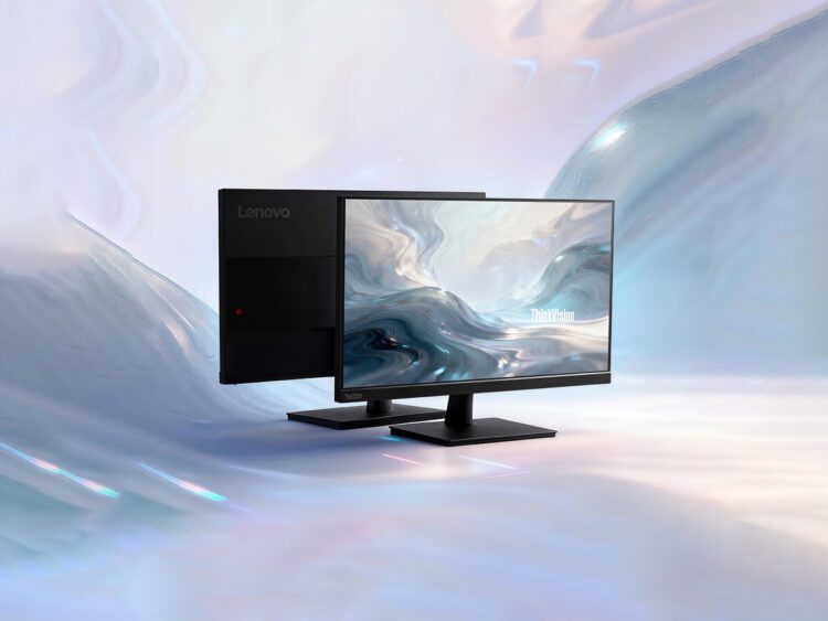 مانیتور لنوو مدل ThinkVision S25-4e از دو زاویه جلو و پشت در یک فضای گرافیکی.