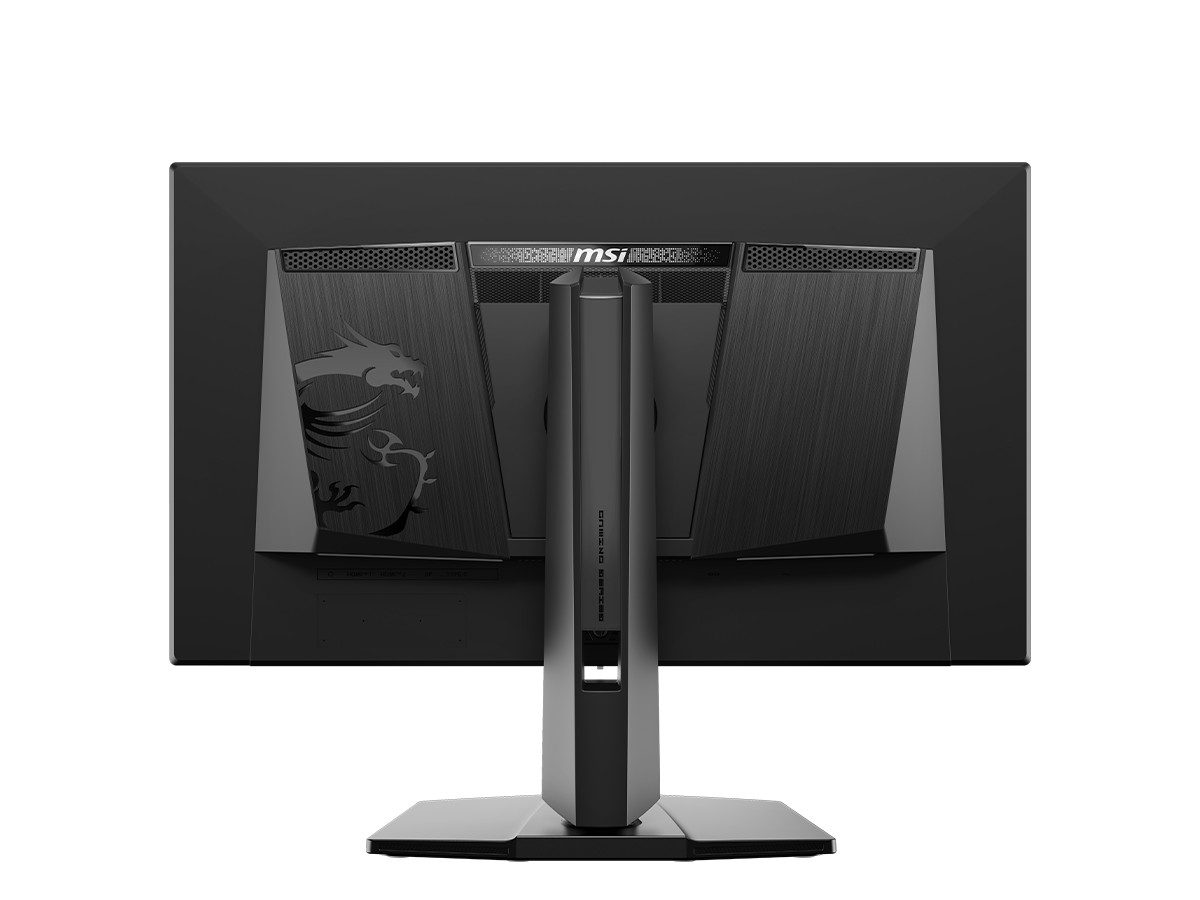 نمای پشت مانیتور گیمینگ MSI با لوگوی اژدها و طراحی متالیک.