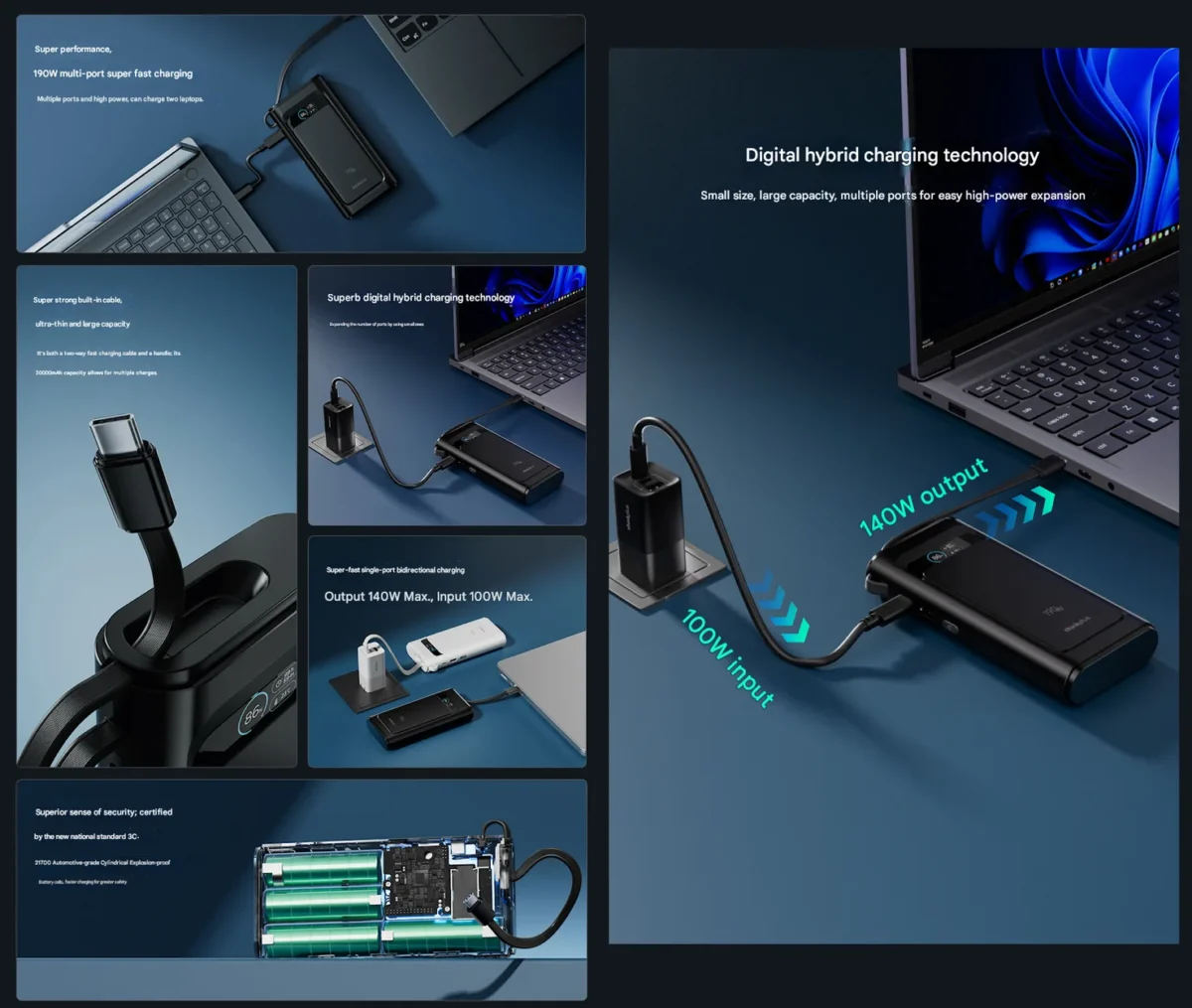 اینفوگرافیک رسمی پاوربانک Lenovo ThinkPlus 190W با نمایش فناوری شارژ هیبرید دیجیتال، خروجی حداکثری ۱۴۰ وات، ورودی ۱۰۰ وات، کابل داخلی و پشتیبانی از شارژ لپ‌تاپ