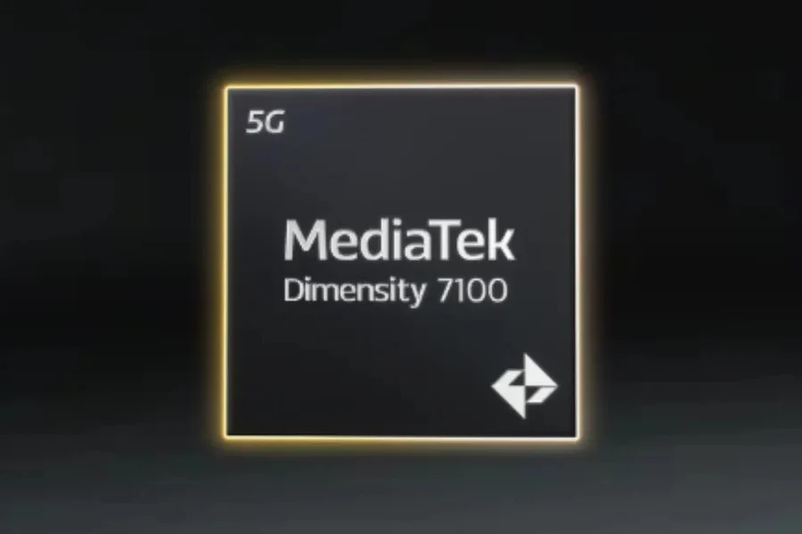 نمای گرافیکی از پردازنده ۵ جی MediaTek Dimensity 7100 با حاشیه درخشان.