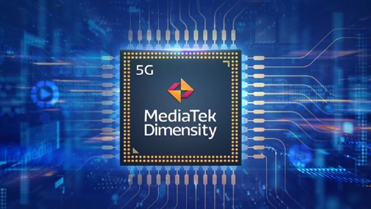 نمای گرافیکی از پردازنده ۵ جی MediaTek Dimensity با حاشیه درخشان.