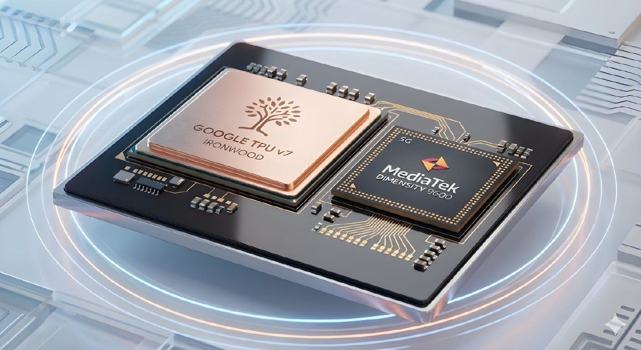 تصویر گرافیکی کلوزآپ از دو تراشه Google TPU v7 و MediaTek Dimensity 9600 در کنار هم.