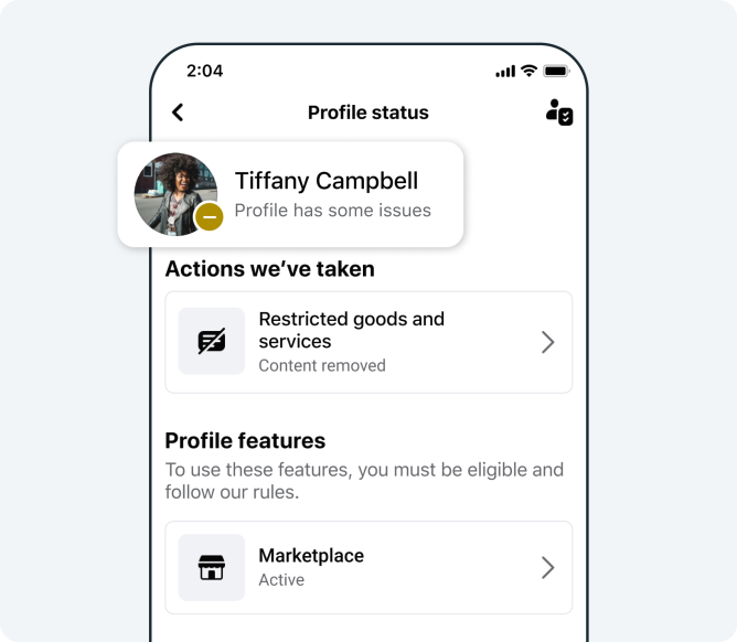 اسکرین‌شات از صفحه وضعیت پروفایل فیس‌بوک که هشداری مبنی بر وجود مشکل در حساب کاربری و حذف محتوا را نمایش می‌دهد.