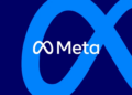 لوگوی آبی‌رنگ شرکت متا (نماد بی‌نهایت) که در پس‌زمینه‌ای با طیف آبی تیره قرار دارد.