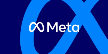 لوگوی آبی‌رنگ شرکت متا (نماد بی‌نهایت) که در پس‌زمینه‌ای با طیف آبی تیره قرار دارد.