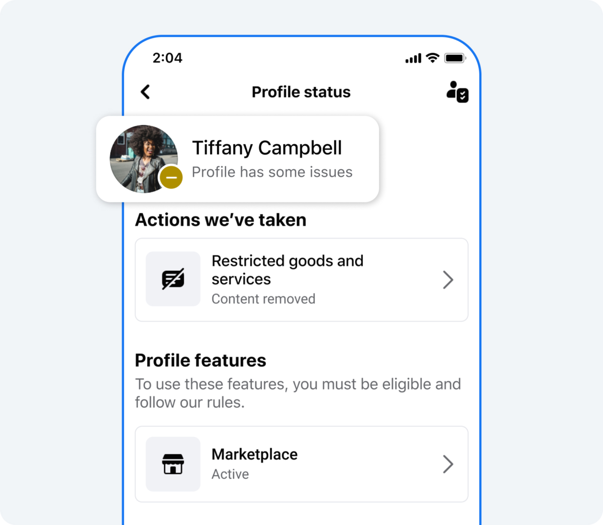 رابط کاربری موبایل که هشداری مبنی بر «وجود مشکل در پروفایل» و حذف محتوا به دلیل نقض قوانین را نشان می‌دهد.