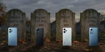 تصویر نمادین چهار سنگ قبر که نشان‌دهنده پایان پشتیبانی آپدیت برای گوشی‌های ردمی نوت ۱2، شیائومی ۱2T پرو، پوکو F5 و شیائومی ۱2 پرو است.