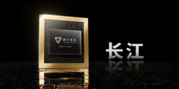 رندر گرافیکی تراشه هوش مصنوعی Yangtze با نشان Moore Threads و عبارت "Made in China".