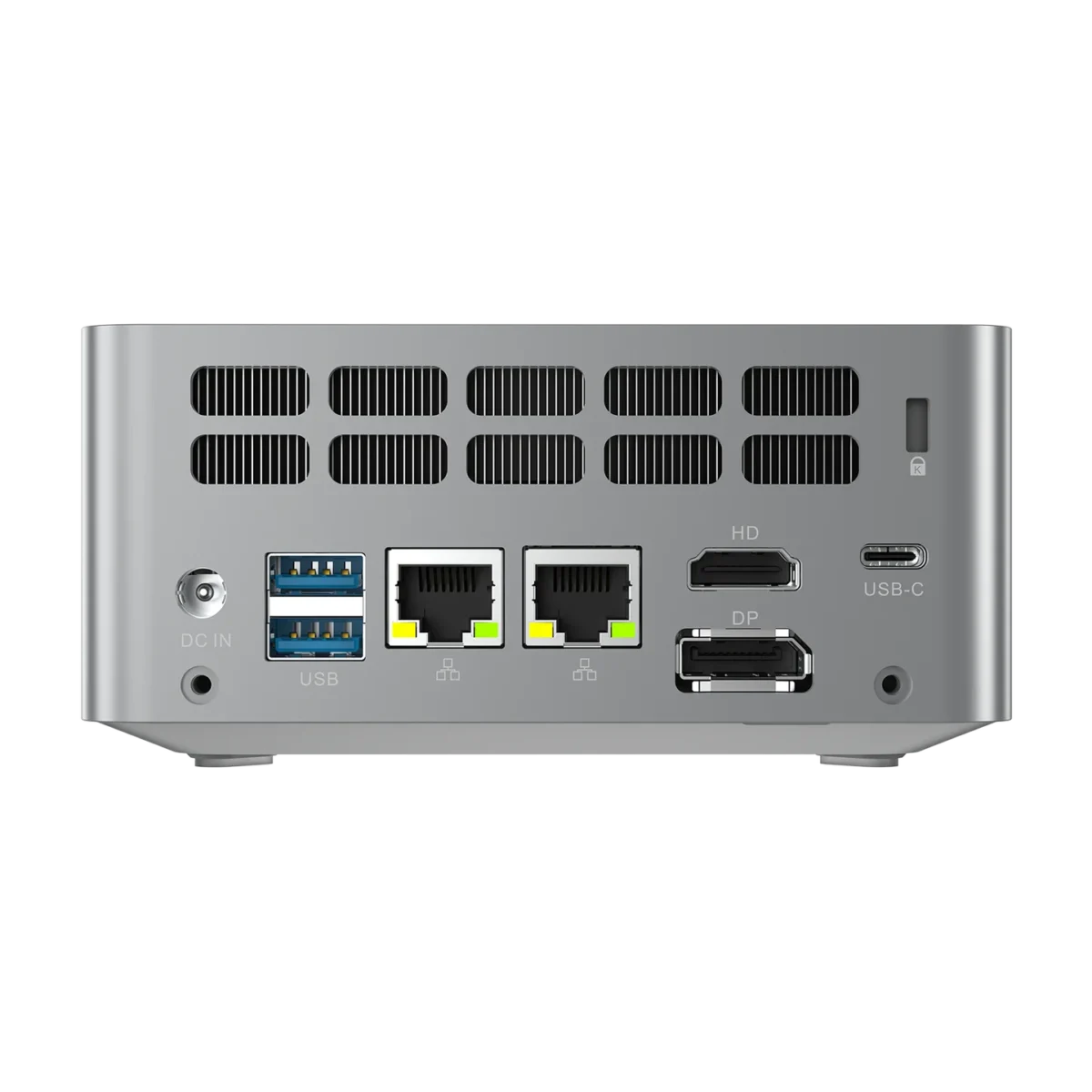 نمای پشت مینی پی‌سی Morefine M900 شامل پورت‌های شبکه دوگانه، HDMI، DisplayPort و خروجی‌های هوا.