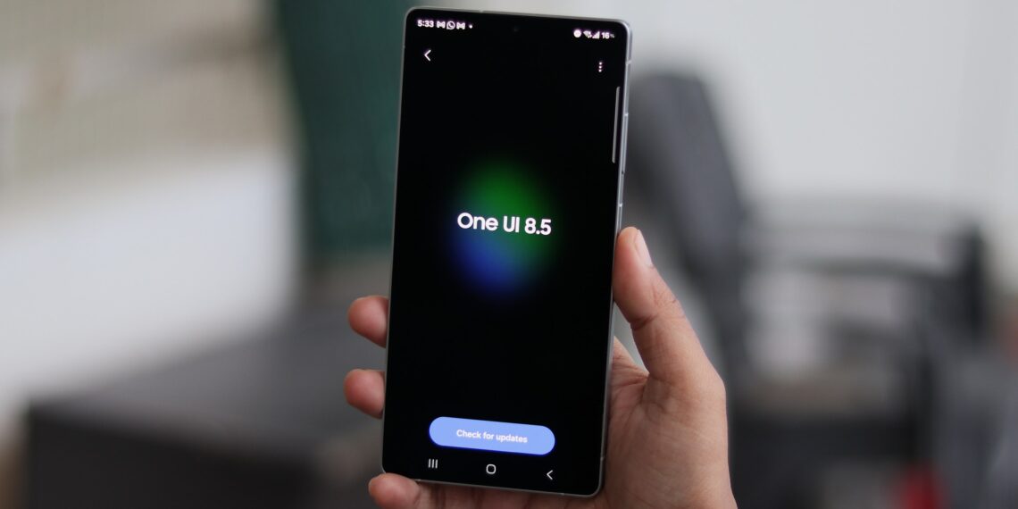 گوشی هوشمند سامسونگ در دست که لوگوی One UI 8.5 را روی پسزمینه مشکی نشان میدهد.