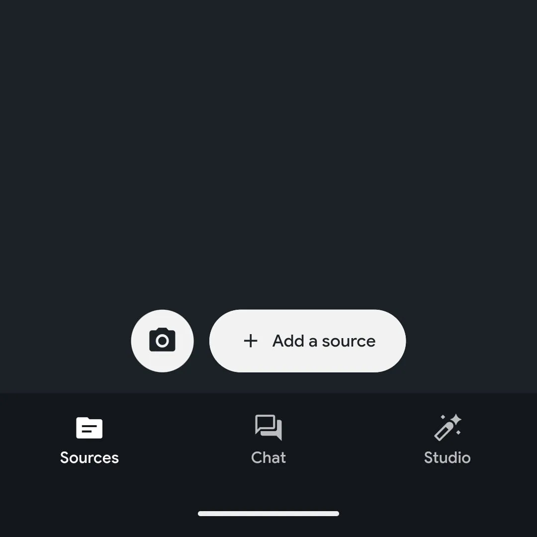 رابط کاربری اپلیکیشن موبایل NotebookLM با دکمه‌های "Add a source" و نماد دوربین، و برگه‌های "Sources"، "Chat"، و "Studio" در پایین.