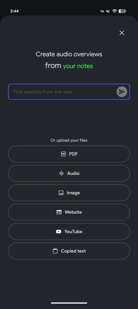 صفحه Create audio overviews from your notes در NotebookLM، با کادر جستجو برای منابع وب و گزینه‌های آپلود فایل‌های PDF، صدا، تصویر، وب‌سایت، YouTube و متن کپی‌شده.