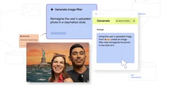 تصویری از محیط نرم‌افزاری که در آن یک دستور متنی (Prompt) برای تبدیل عکس یک زوج به سبک خمیری (Claymation) اجرا شده است.