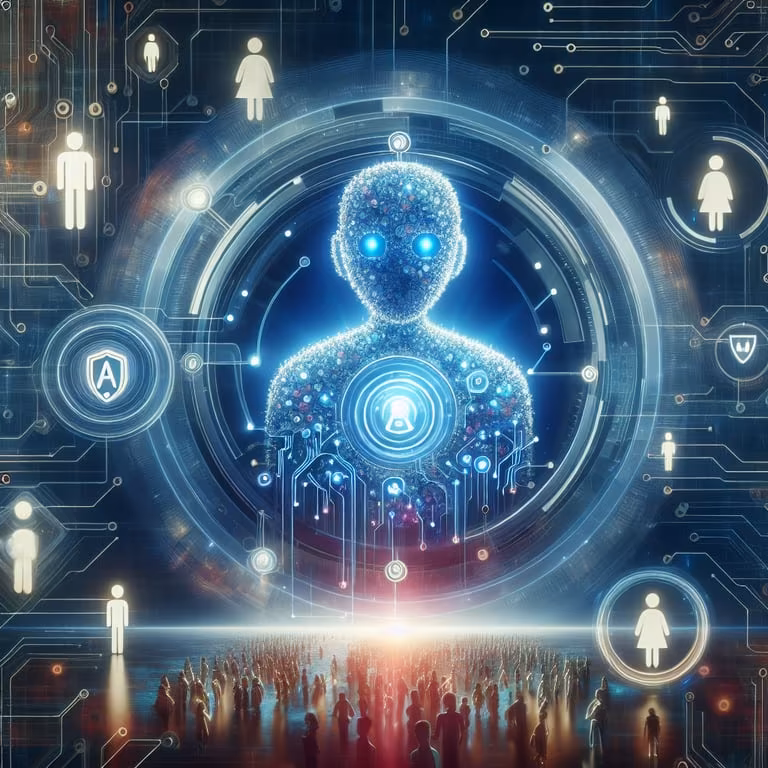 تصویرسازی دیجیتالی و آینده‌نگرانه که یک فیگور هوش مصنوعی درخشان را در مرکز نشان می‌دهد که با نمادهای امنیتی و آیکون کاربران احاطه شده است.