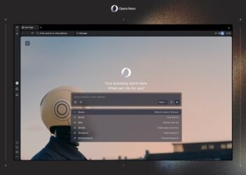 نمای نزدیک از محیط کاربری مرورگر Opera Neon که پنجره تعامل با هوش مصنوعی در مرکز آن فعال است.