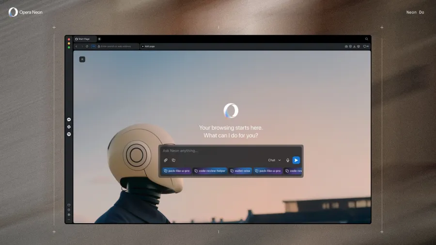 اسکرینشات از رابط کاربری مرورگر Opera Neon که نوار جستجو و گزینههای چت هوش مصنوعی را نشان میدهد.