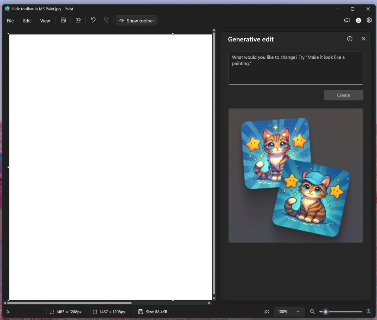 محیط برنامه Paint ویندوز ۱۱ که قابلیت Generative edit (ویرایش مولد) و تصاویر ساخته شده توسط هوش مصنوعی را نشان می‌دهد.