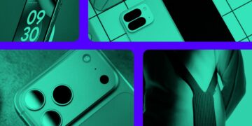 کلاژی با تم رنگی سبز و بنفش که چهار نمای نزدیک مختلف از طراحیهای مدرن و مد روز گوشیهای هوشمند را نشان میدهد.