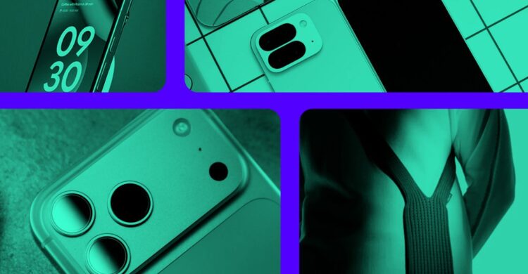 کلاژی با تم رنگی سبز و بنفش که چهار نمای نزدیک مختلف از طراحیهای مدرن و مد روز گوشیهای هوشمند را نشان میدهد.