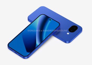 رندر گرافیکی گوشی گوگل پیکسل ۱۰a به رنگ آبی که نمای جلو و پشت دستگاه را نشان می‌دهد.
