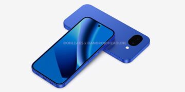 رندر گرافیکی گوشی گوگل پیکسل ۱۰a به رنگ آبی که نمای جلو و پشت دستگاه را نشان می‌دهد.