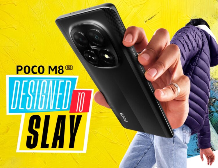 پوستر تبلیغاتی گوشی Poco M8 5G در دست یک کاربر با متن "Designed to Slay" در پسزمینه زرد.