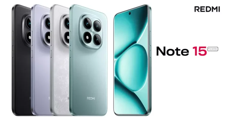 بنر معرفی خانواده گوشی‌های "Redmi Note 15 Pro Series" در چهار رنگ متنوع (مشکی، بنفش، سفید و سبز).