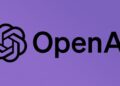 لوگوی رسمی و نام شرکت OpenAI در پس‌زمینه بنفش‌رنگ.