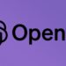 لوگوی رسمی و نام شرکت OpenAI در پس‌زمینه بنفش‌رنگ.