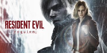 آرت‌ورک رسمی بازی Resident Evil Requiem با نمایش لوگوی بازی و فضای بارانی و تاریک، تاکید بر حال‌وهوای ترس روان‌شناختی، بقا و روایت داستان‌محور با حضور دو شخصیت قابل بازی این عنوان