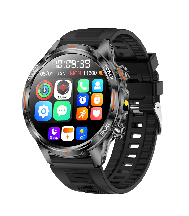 ساعت هوشمند Rogbid Enduro با بند مشکی کلاسیک و آیکونهای رنگارنگ روی صفحه نمایش.