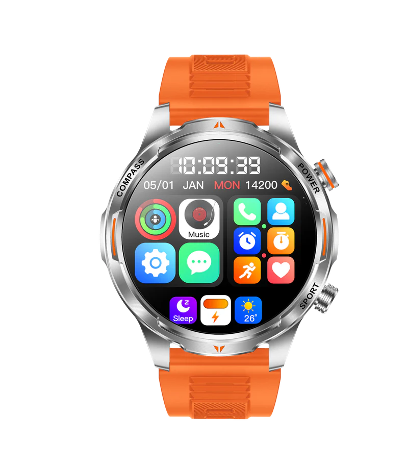 ساعت هوشمند Rogbid Enduro با بند نارنجی و نمایشگر روشن که منوی برنامهها را نشان میدهد.