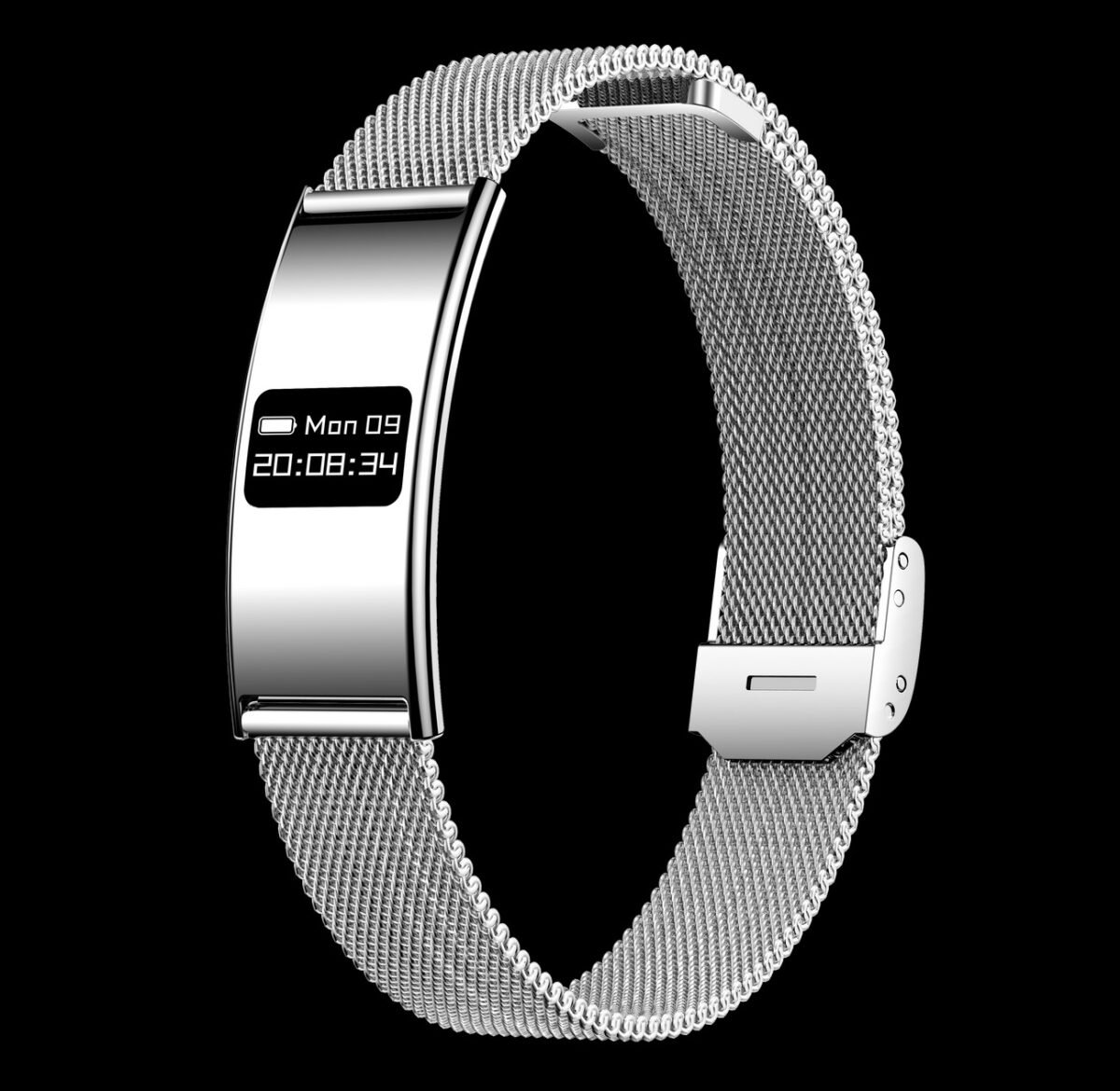 دستبند هوشمند فلزی ظریف با بند مشبک نقره‌ای و نمایشگر دیجیتال که زمان و تاریخ را نشان می‌دهد.