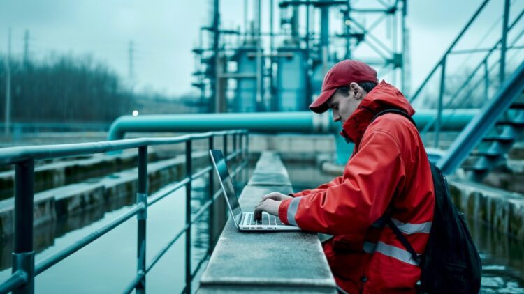 فردی با لباس کار قرمز و کلاه در حال کار با لپ‌تاپ در محوطه باز یک تأسیسات تصفیه آب صنعتی.