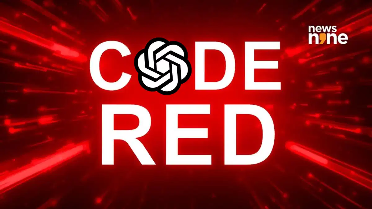 طرح گرافیکی خبری با زمینه قرمز و متن "CODE RED" روی لوگوی OpenAI/ChatGPT.