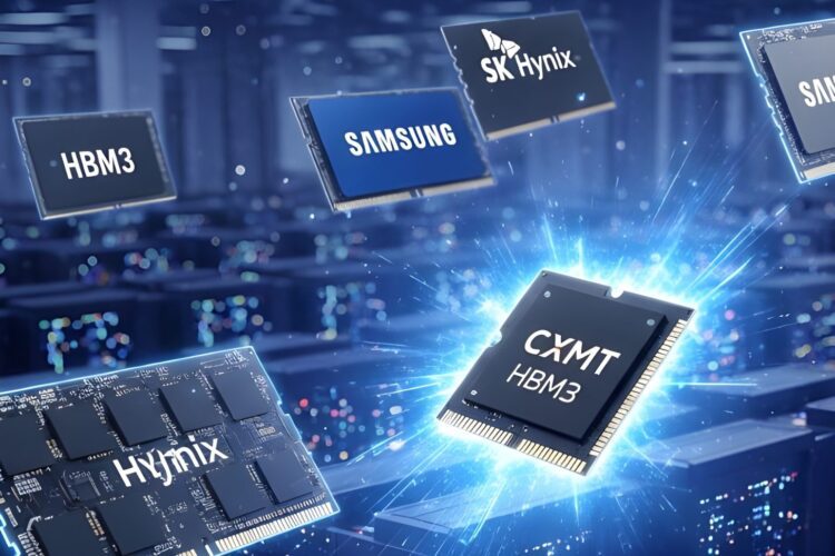 تصویرسازی مفهومی تراشه‌های حافظه HBM3 با نمایش برندهای Samsung، SK hynix و CXMT در مرکز یک دیتاسنتر دیجیتال، اشاره به رقابت تولید حافظه پیشرفته برای پردازش هوش مصنوعی