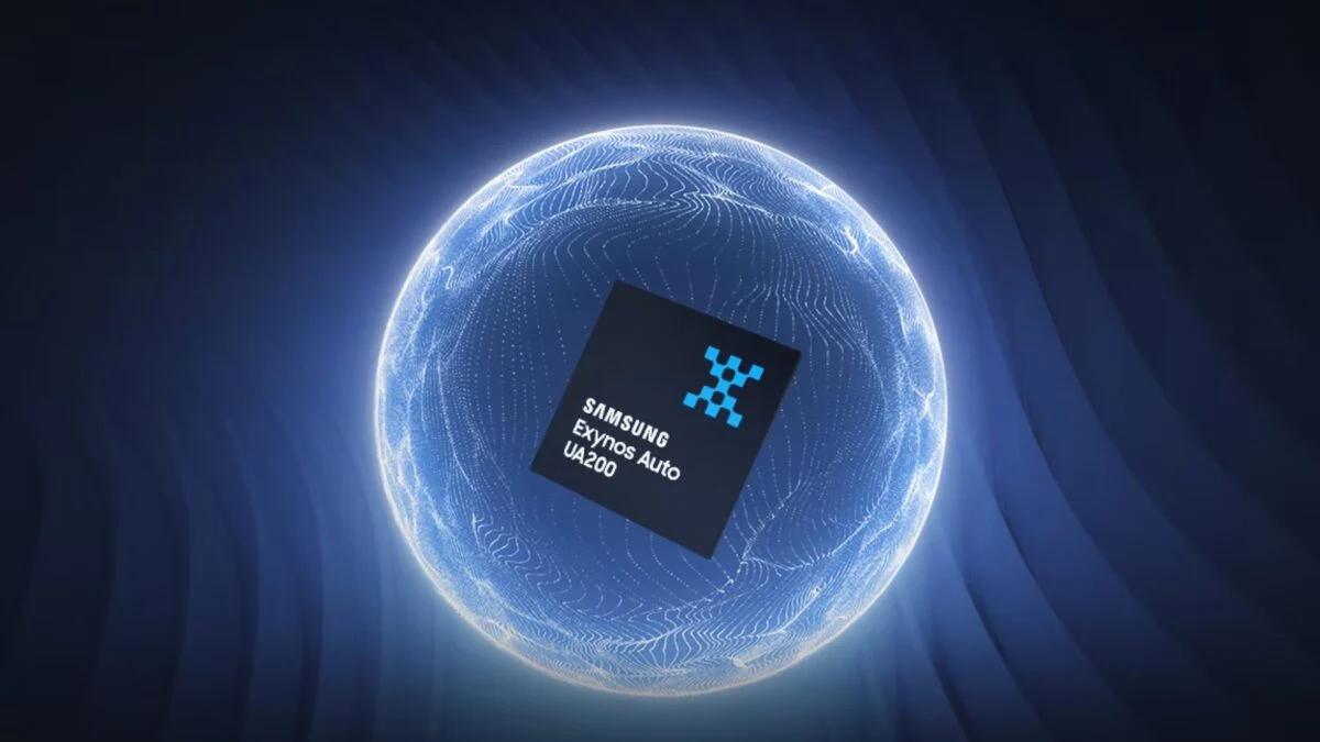 رندر گرافیکی تراشه Samsung Exynos Auto UA200 با فناوری UWB، نمایش دادهشده در مرکز یک کره دیجیتال آبی، مرتبط با کاربردهای ارتباطی و موقعیتیابی دقیق در صنعت خودرو