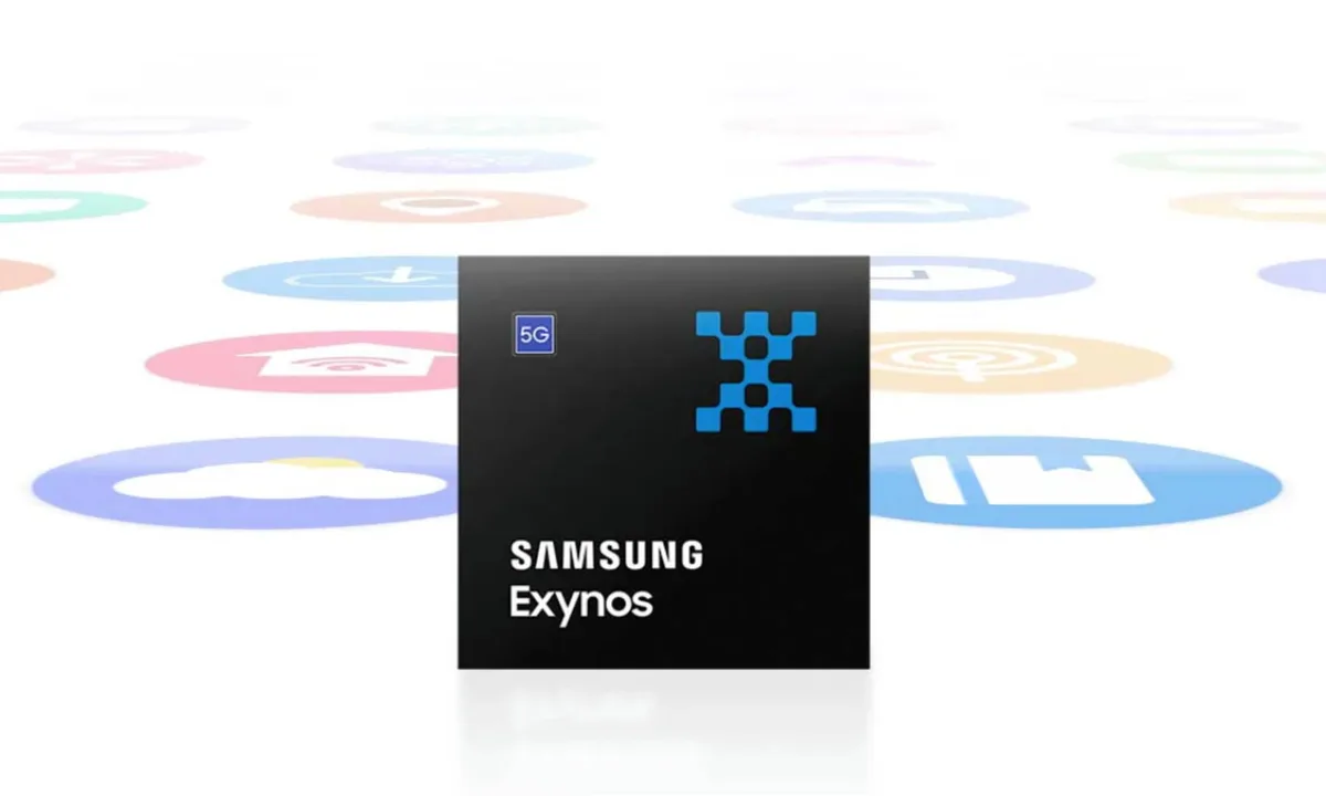 طراحی رسمی از تراشه Samsung Exynos با پشتیبانی از 5G، نمایش لوگوی Exynos در مرکز و آیکون‌های قابلیت‌های سیستمی و ارتباطی در پس‌زمینه مینیمال