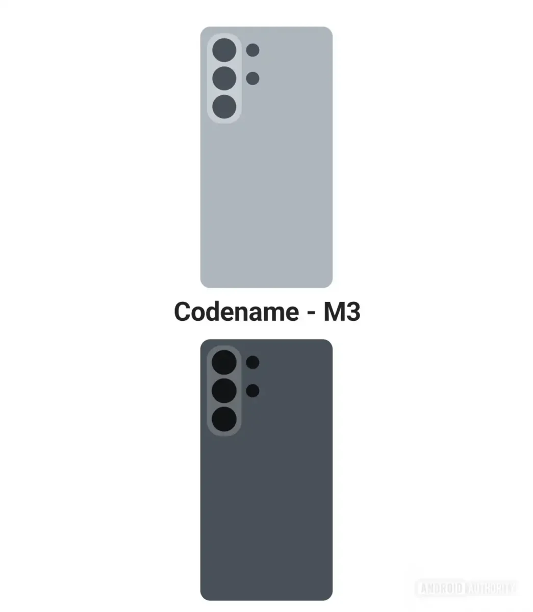 طرح‌های گرافیکی پشت گوشی‌های خاکستری روشن و تیره با چیدمان دوربین سه‌گانه، با اسم رمز M3.
