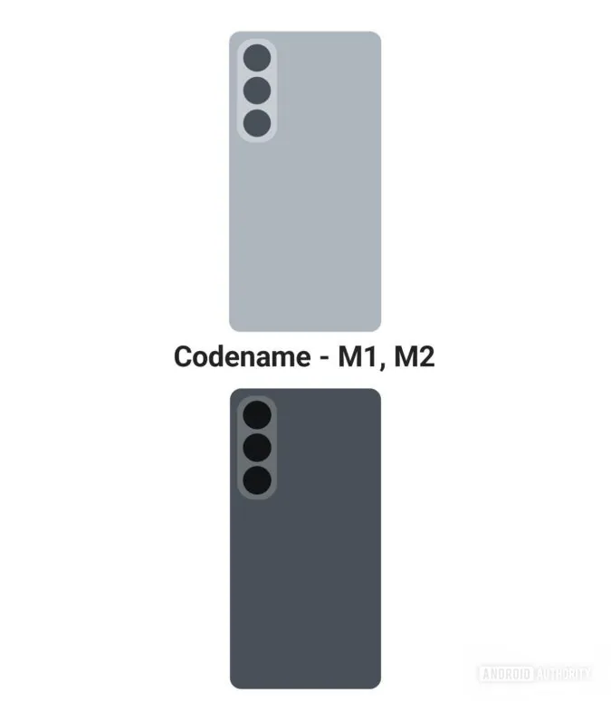 طرح‌های گرافیکی پشت گوشی‌های خاکستری روشن و تیره با چیدمان دوربین سه‌گانه، با اسم رمز M1, M2.