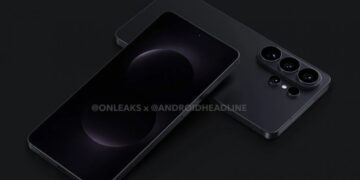 رندر تبلیغاتی از پشت و جلوی یک گوشی هوشمند مدرن مشکی رنگ با دوربین سه‌گانه.