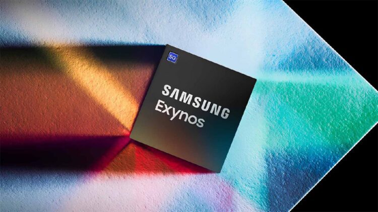 عکس تبلیغاتی از تراشه فیزیکی سامسونگ اگزینوس (Exynos) با نشان 5G روی یک پس&zwnj;زمینه رنگارنگ.