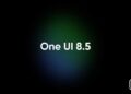 نوشته سفید رنگ One UI 8.5 در مرکز تصویر با پس‌زمینه تیره و هاله نورانی سبز و آبی.