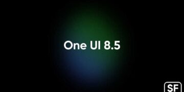 نوشته سفید رنگ One UI 8.5 در مرکز تصویر با پس‌زمینه تیره و هاله نورانی سبز و آبی.