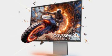 نمای تبلیغاتی مانیتور گیمینگ Samsung Odyssey 3D با افکت سه‌بعدی خروج موتور از صفحه، نمایش گرافیک سینمایی و فناوری 6K فوق‌وضوح